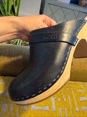 Swedish Hasbeens Black Leather Wooden Heel Clogs